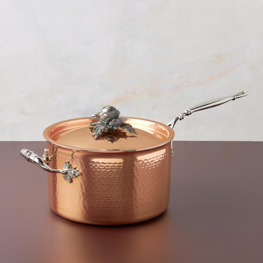 Opus Cupra hammered copper  with stainless steel lining and decorated silver-plated lid knob finial