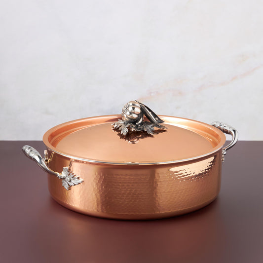 Opus Cupra hammered copper  with stainless steel lining and decorated silver-plated lid knob finial
