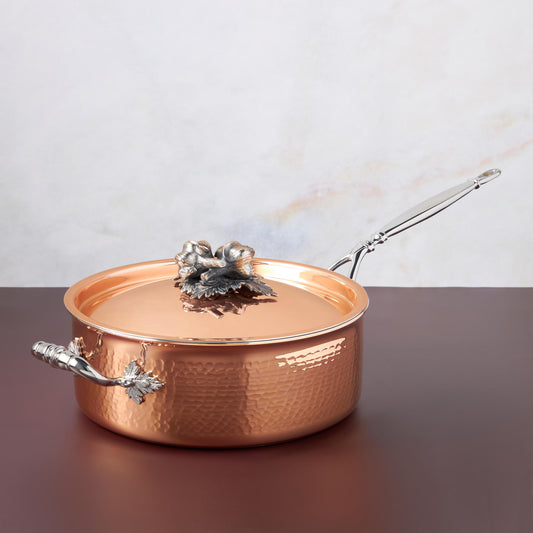  Opus Cupra hammered copper  with stainless steel lining and decorated silver-plated lid knob finial