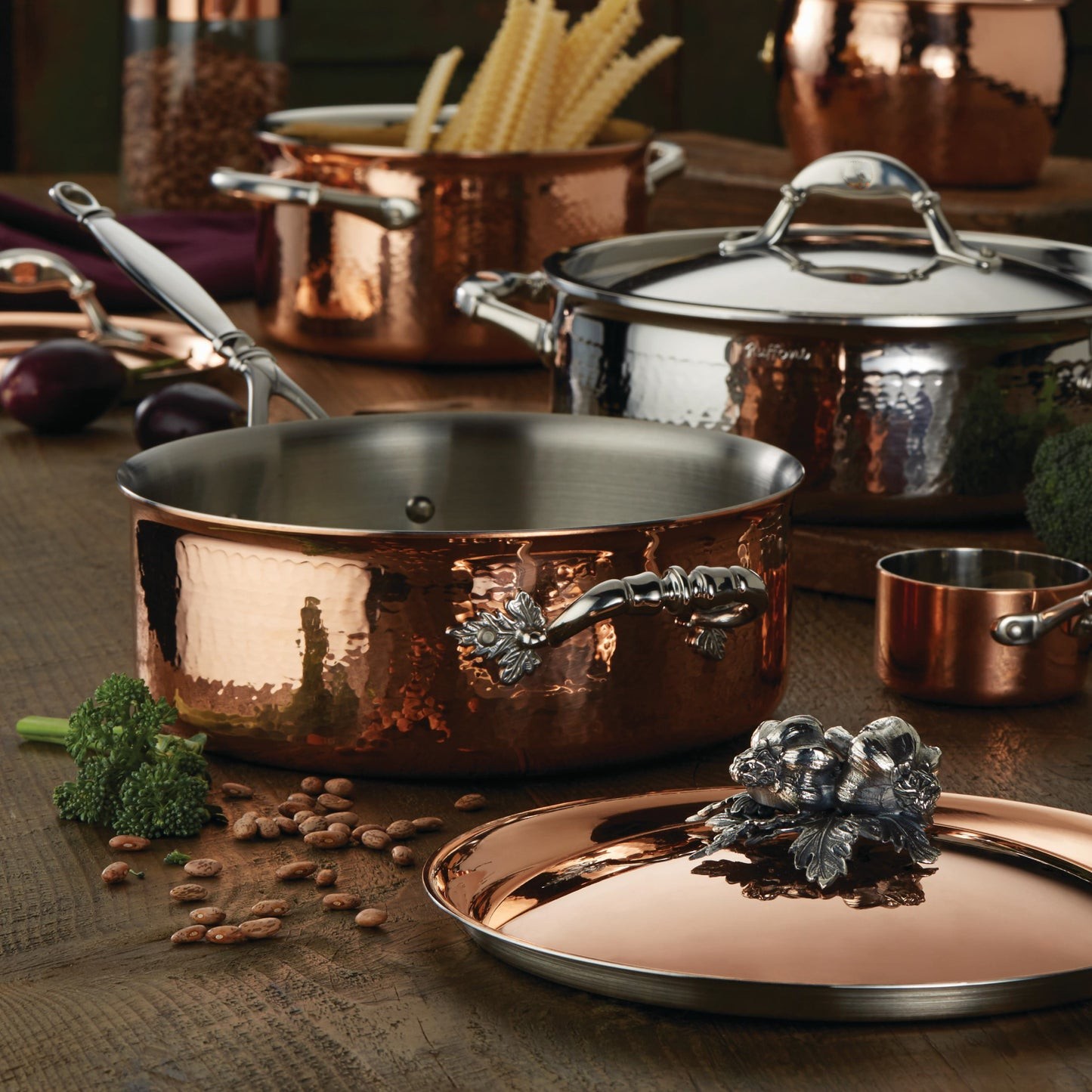 Opus Cupra hammered copper with stainless steel lining and decorated silver-plated lid knob finial