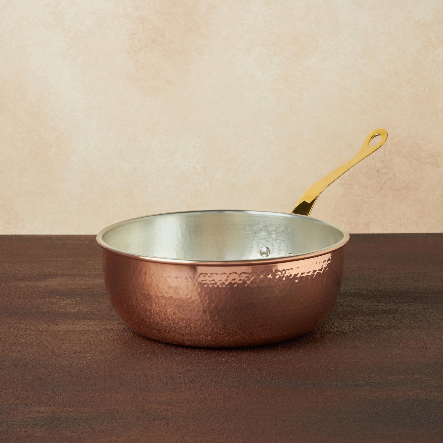 Hammered copper 3.5 Qt Chef's Pan  lined with high purity tin applied by hand over fire and bronze handles, from Glamstore Historia collection