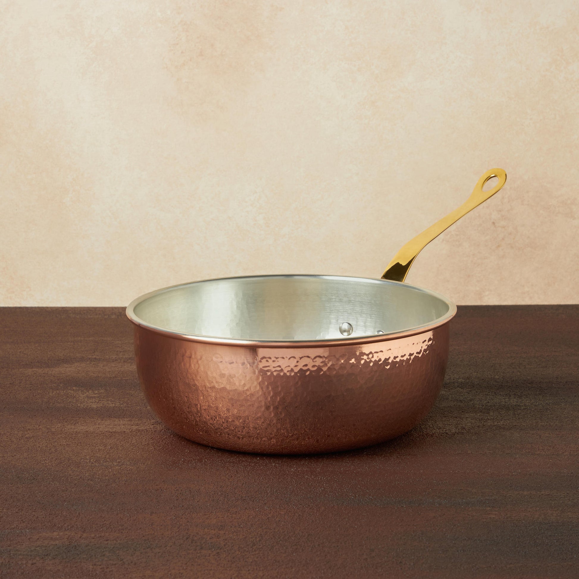 Hammered copper 3.5 Qt Chef's Pan  lined with high purity tin applied by hand over fire and bronze handles, from Glamstore Historia collection