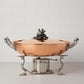 stainless steel warming stand for gel and candle photographed with a matching Opus Cupra serving frying pan