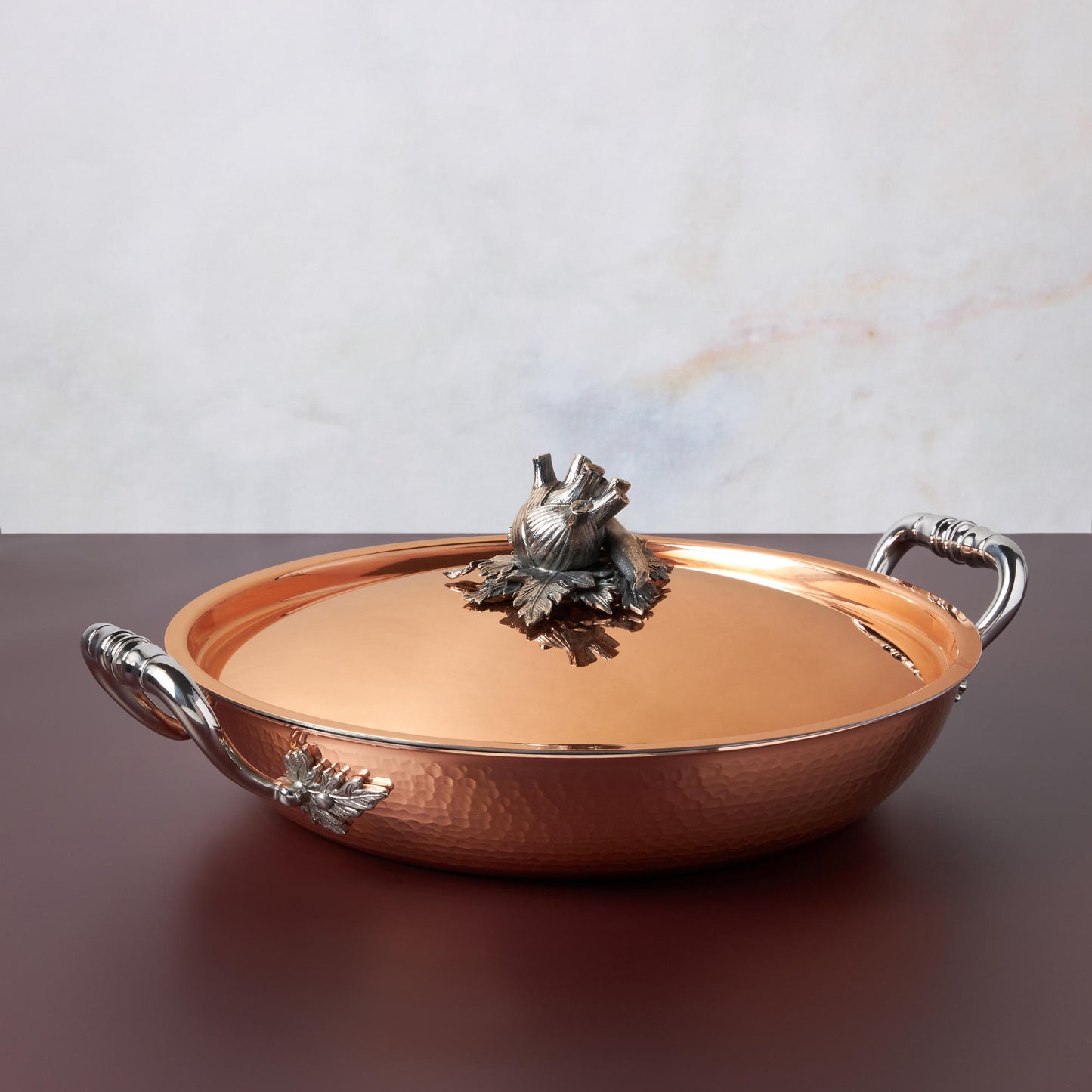 Opus Cupra hammered copper serving frying pan with stainless steel lining and decorated silver-plated lid knob finial