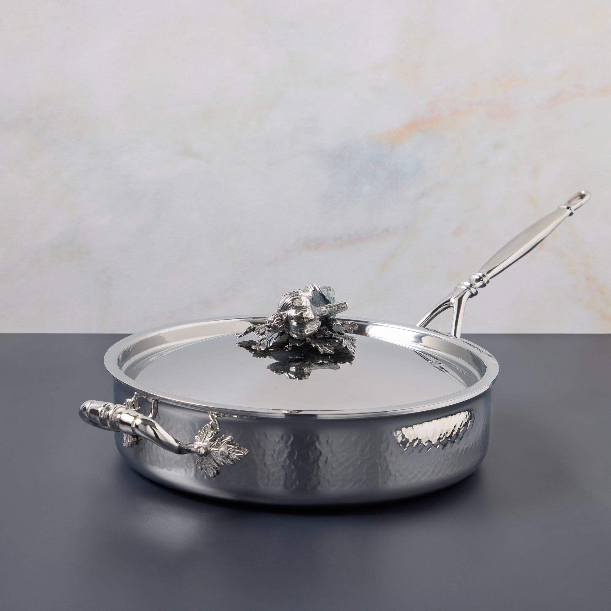 Opus Prima Sauté Pan 3.5qt crafted in hammered stainless steel
