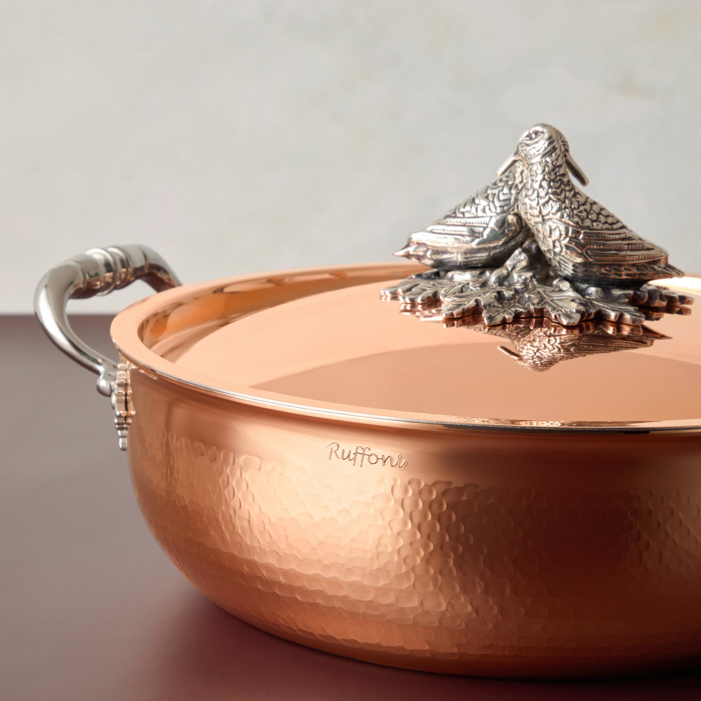 Opus Cupra hammered copper  with stainless steel lining and decorated silver-plated lid lovebird knob finial