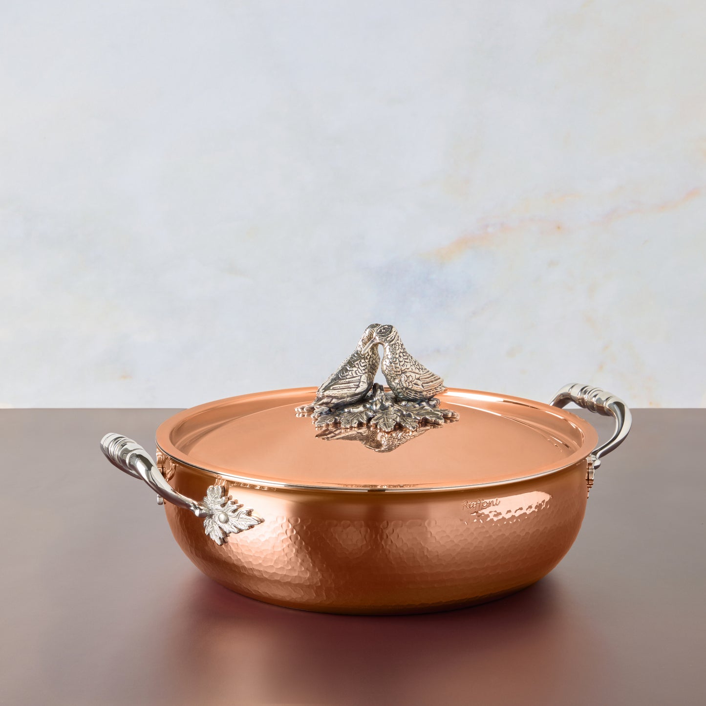 Opus Cupra hammered copper  with stainless steel lining and decorated silver-plated lid knob finial
