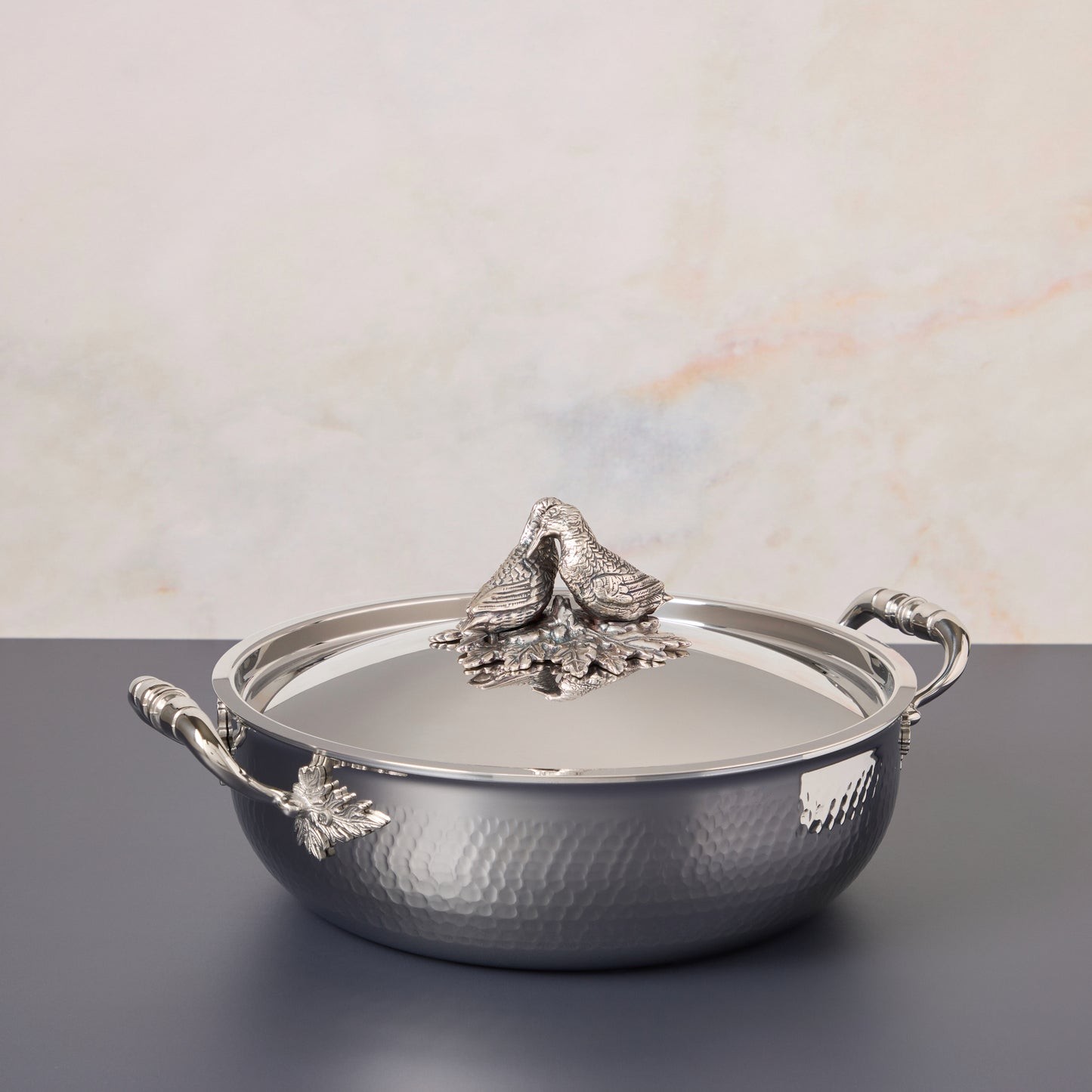 Opus Prima hammered clad stainless steel ultimate pan with decorated silver-plated lid lovebirds knob finial