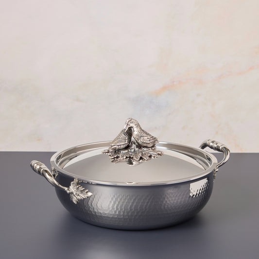 Opus Prima hammered clad stainless steel ultimate pan with decorated silver-plated lid lovebirds knob finial