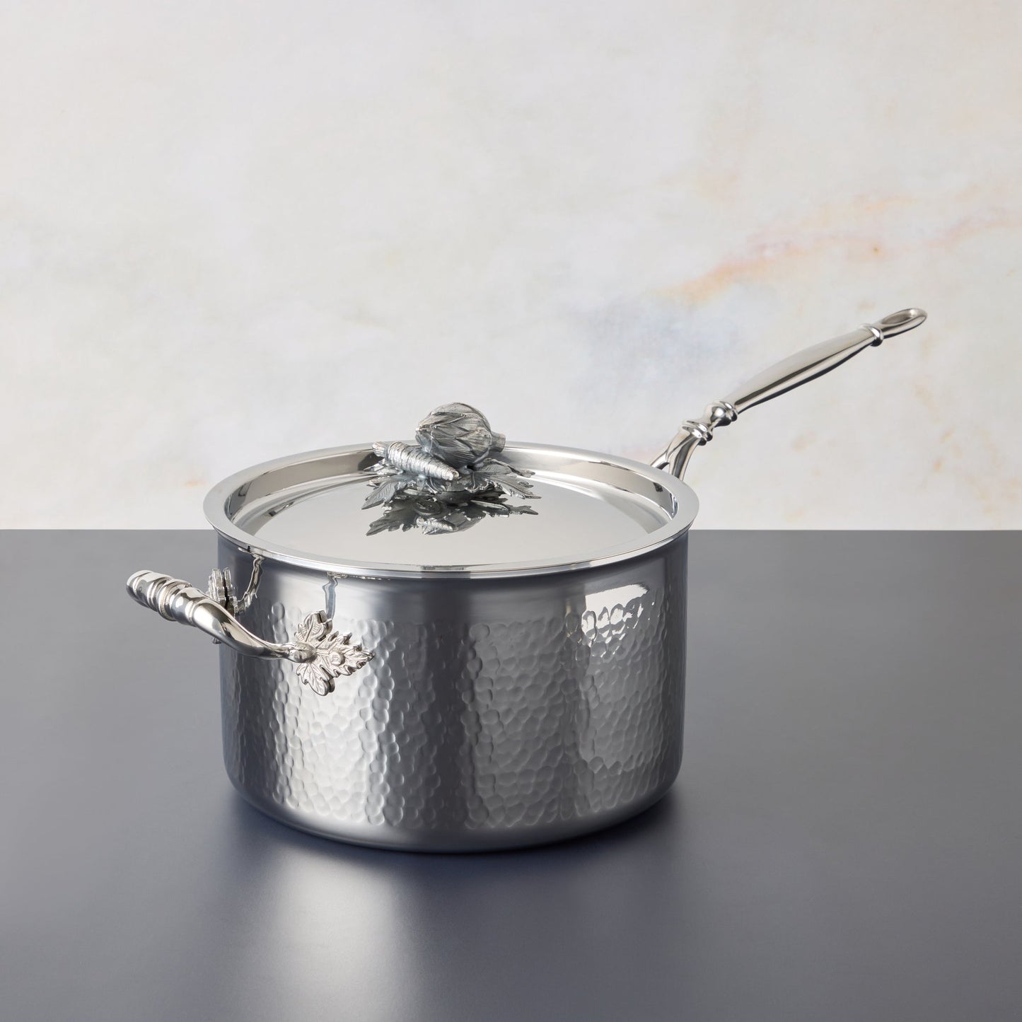 Opus Prima hammered clad stainless steel 4 Qt  saucepan with decorated silver-plated lid knob finial