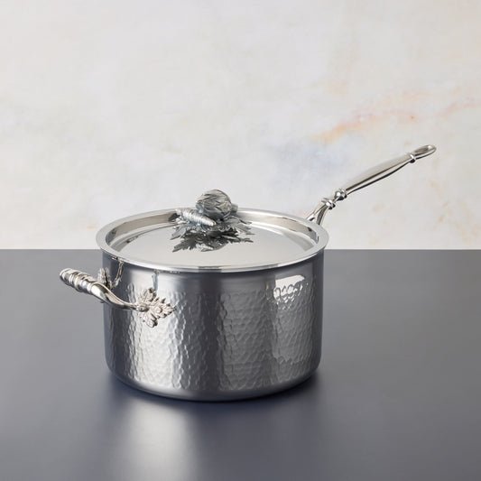 Opus Prima hammered clad stainless steel 4 Qt  saucepan with decorated silver-plated lid knob finial