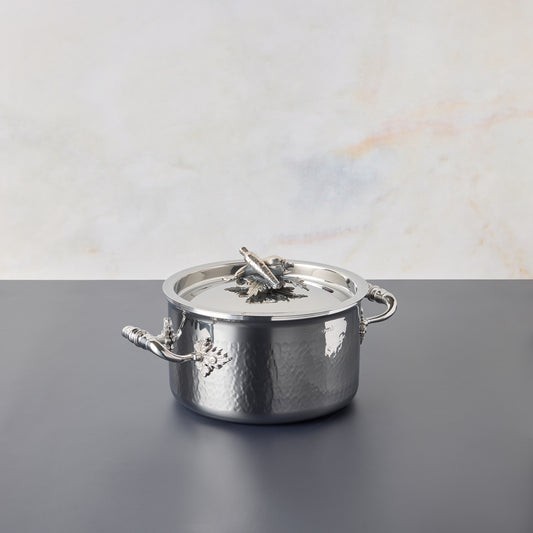 Opus Prima hammered clad stainless steel small saucepot with decorated silver-plated lid knob finial