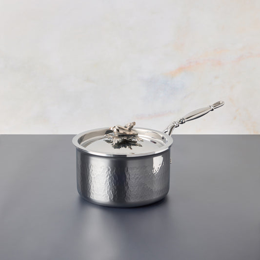 Opus Prima hammered clad stainless steel saucepan with decorated silver-plated lid knob finial