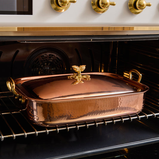 historia rectangular copper roaster in a traditional American oven