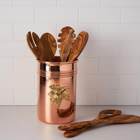 Container with  kitchen utensils, made of solid copper, decorated with a bronze plaque depicting grapes,