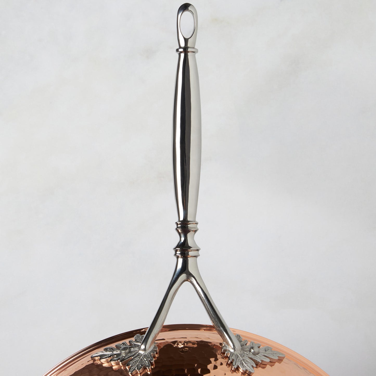 Beautiful Opus Cupra stainless steel long stick handle decorated with delicate leaves on Opus Cupra cookware