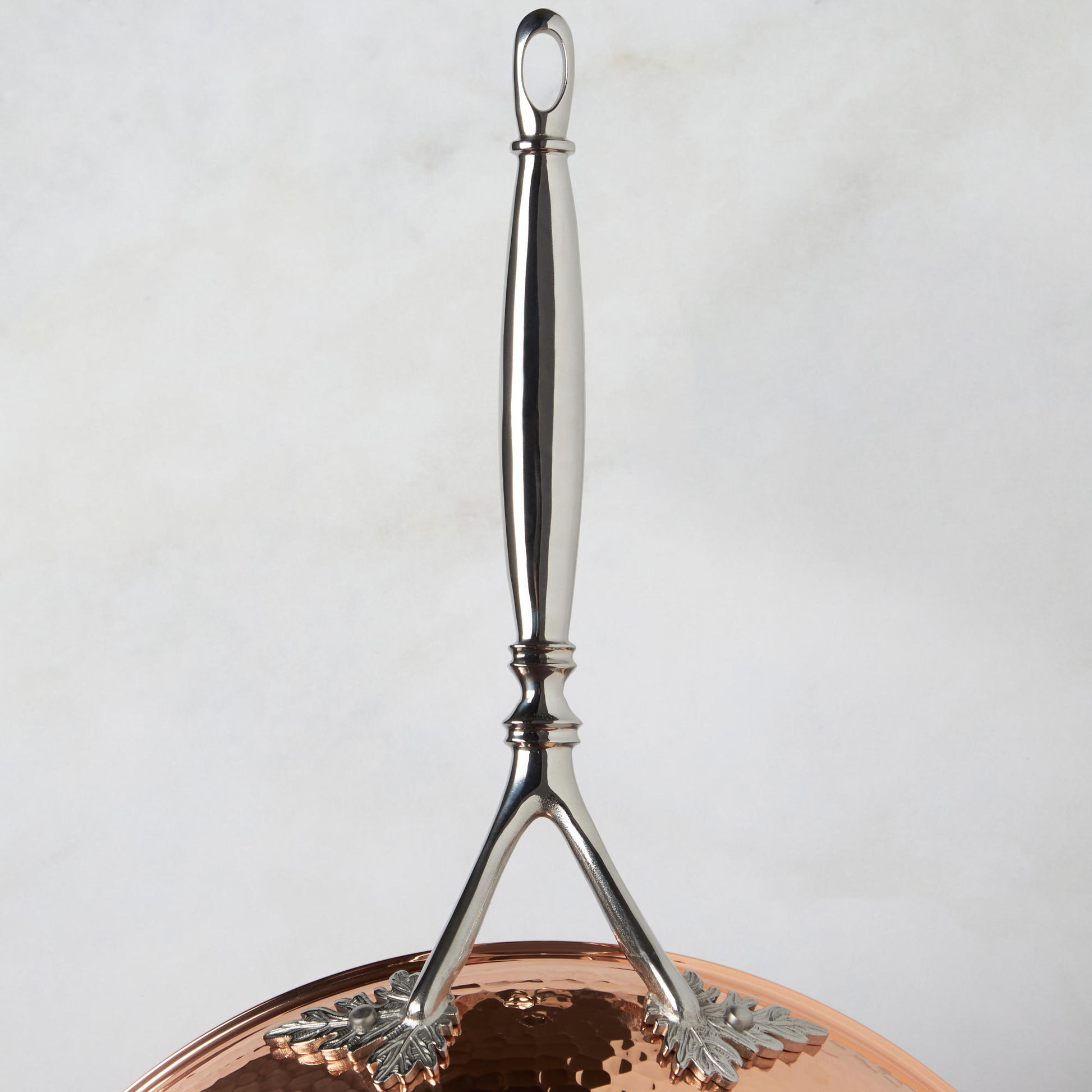 Beautiful Opus Cupra stainless steel long stick handle decorated with delicate leaves on Opus Cupra cookware