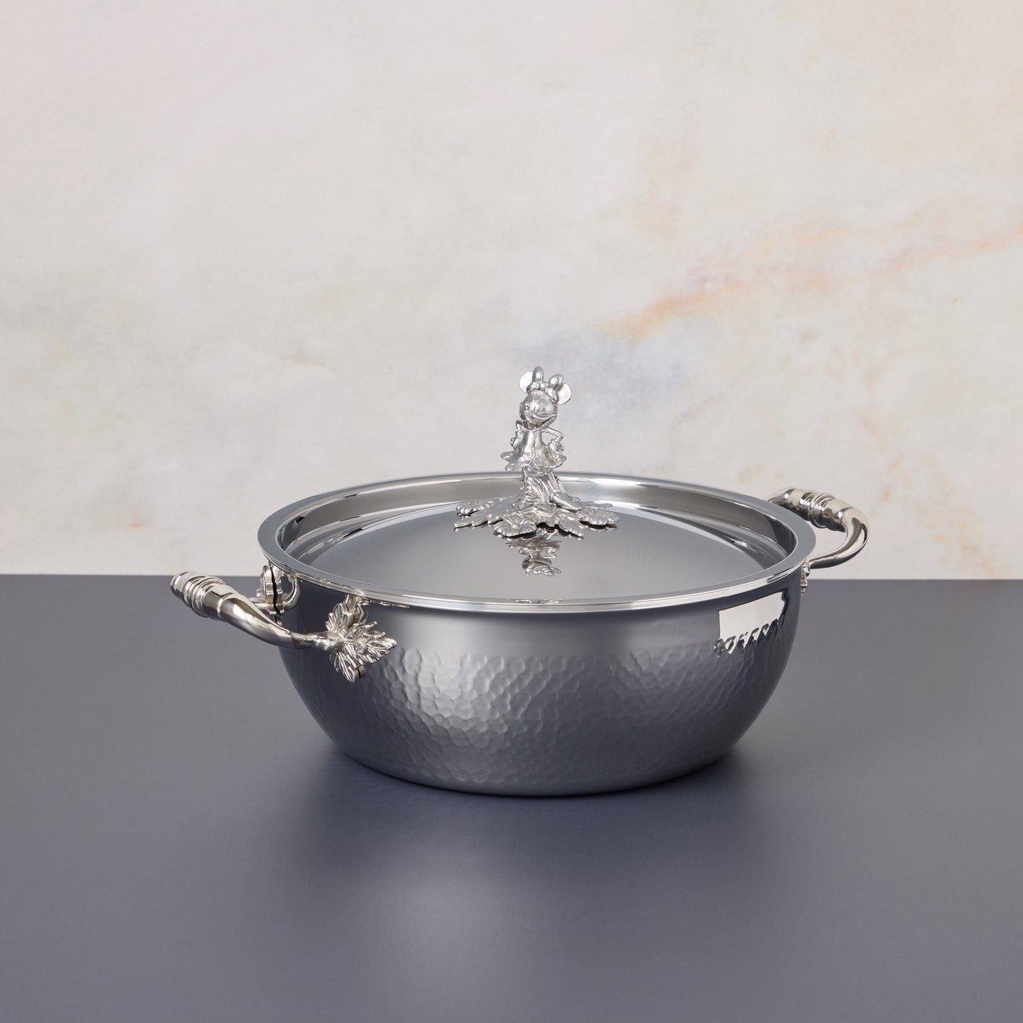 Opus Prima 4qt chef pot hammered clad stainless steel with special edition Disney-inspired knobs in stainless steel featuring Minnie Mouse,