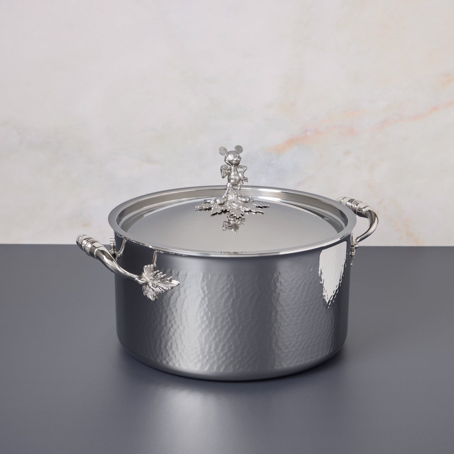 Opus Prima 8qt stockpot hammered clad stainless steel with special edition Disney-inspired knobs in stainless steel featuring Mickey Mouse,