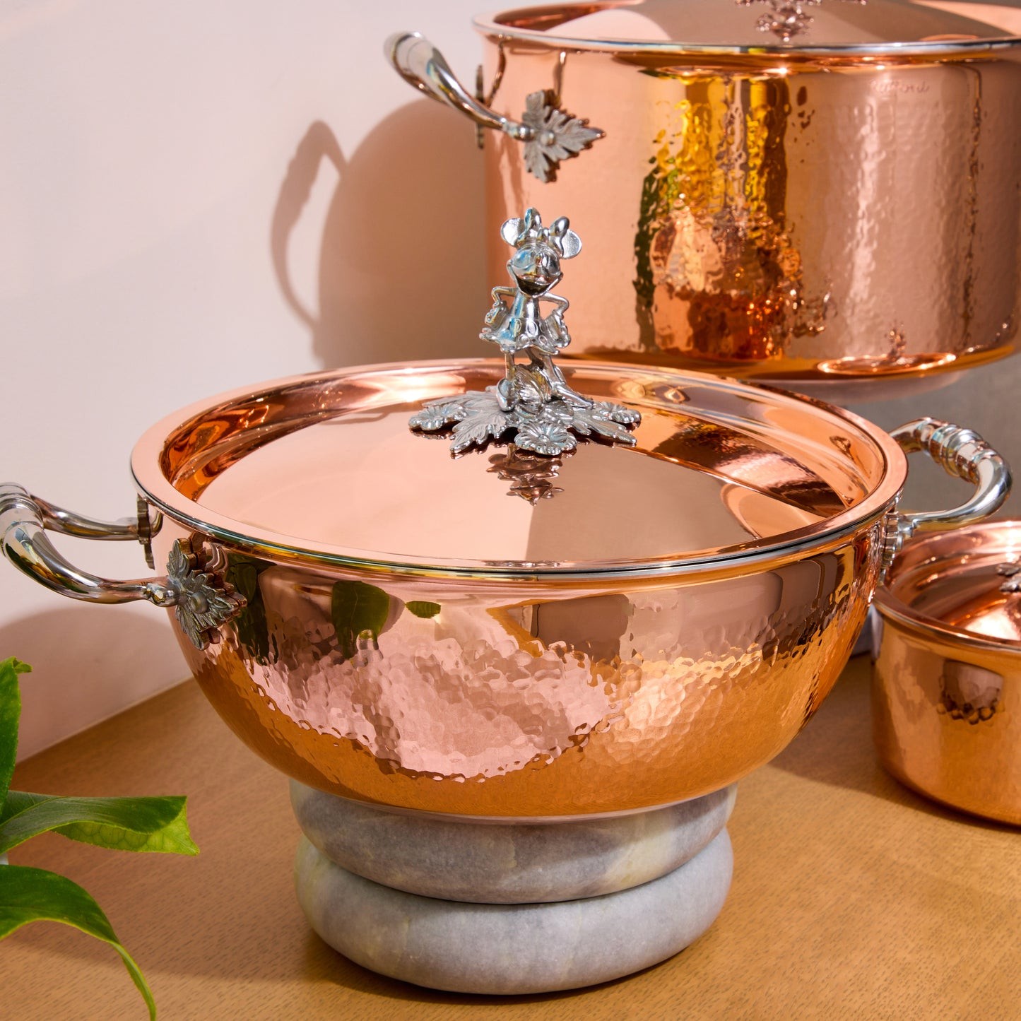 hammered copper with stainless steel lining and decorated stainless steel Minnie Mouse knob