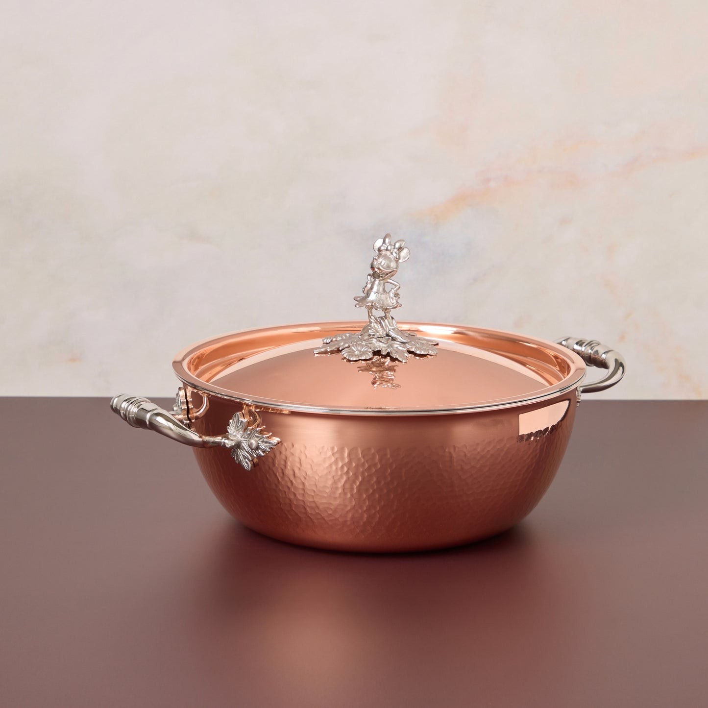 Opus Cupra 4 qt chef pot hammered copper with special edition Disney-inspired knobs in stainless steel featuring Minnie Mouse
