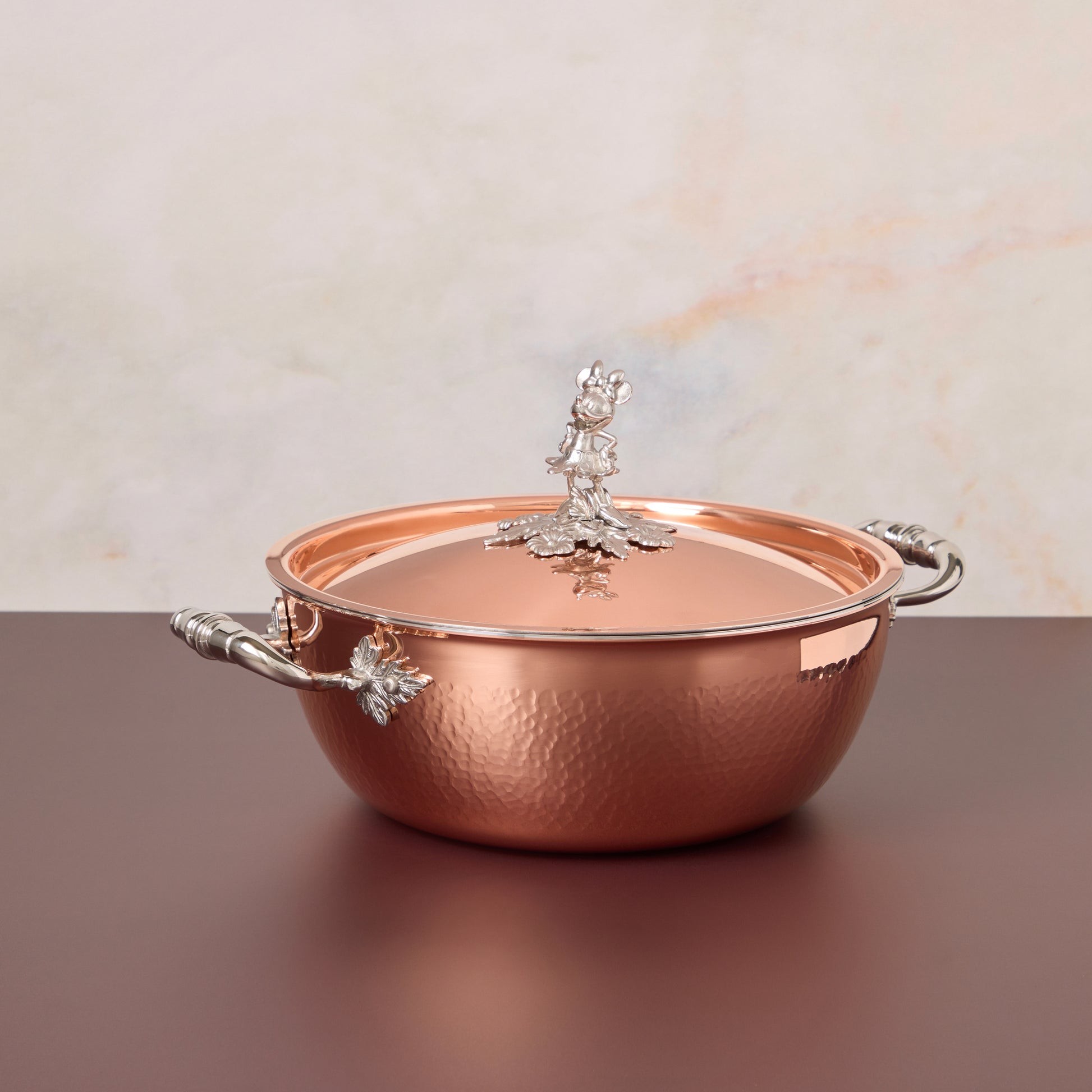 Opus Cupra 4 qt chef pot hammered copper with special edition Disney-inspired knobs in stainless steel featuring Minnie Mouse
