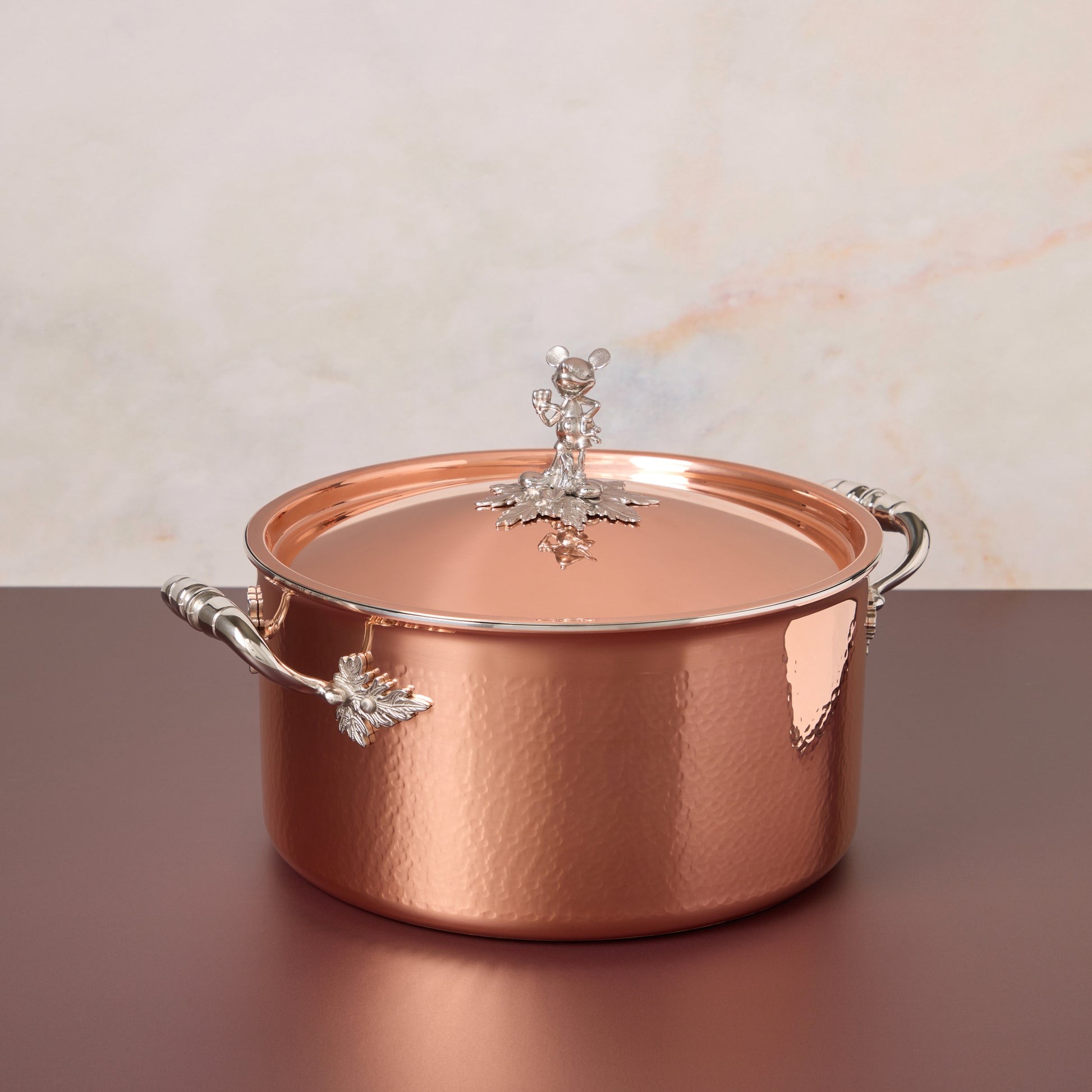 Opus Cupra 8 qt stockpot hammered copper with special edition Disney-inspired knobs in stainless steel featuring Mickey Mouse,