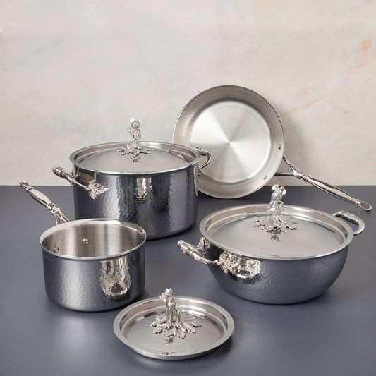 7-piece set  Opus Prima hammered clad stainless steel with special edition Disney-inspired knobs in stainless steel featuring Mickey Mouse, Minnie Mouse, and Pluto