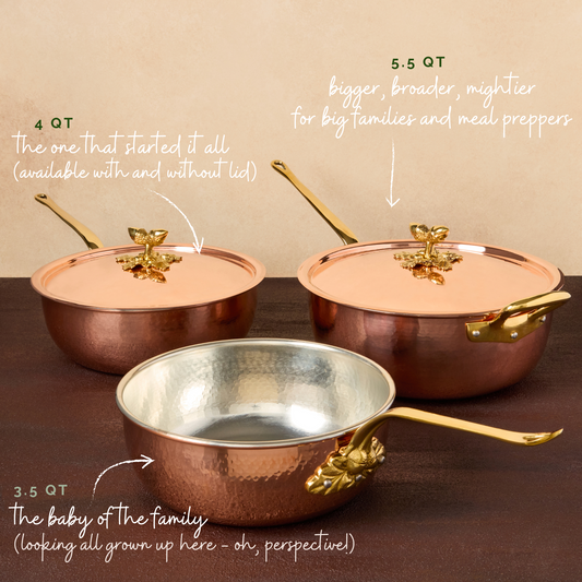 Hammered copper Chef's Pan lined with high purity tin applied by hand over fire and bronze handles, from Glamstore Historia collection